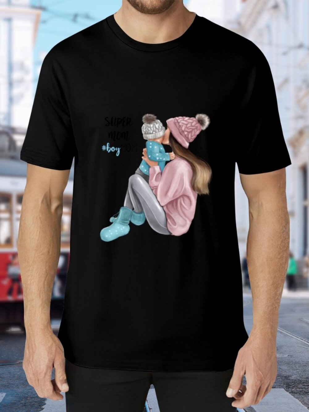 Black Short Sleeve Tee with Mom and Baby Graphic